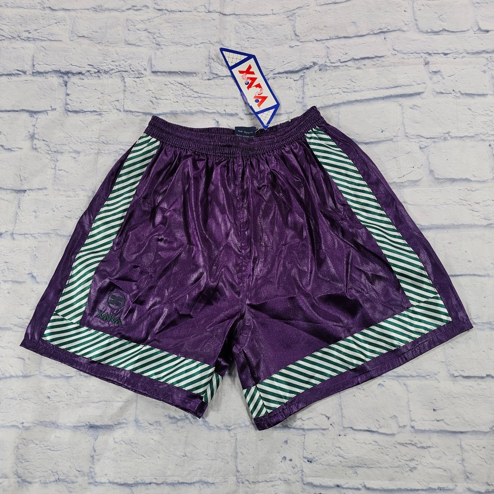 Xara Soccer Shorts Mens M Purple Shiny Striped Retro Athletic Gym Vintage 90s